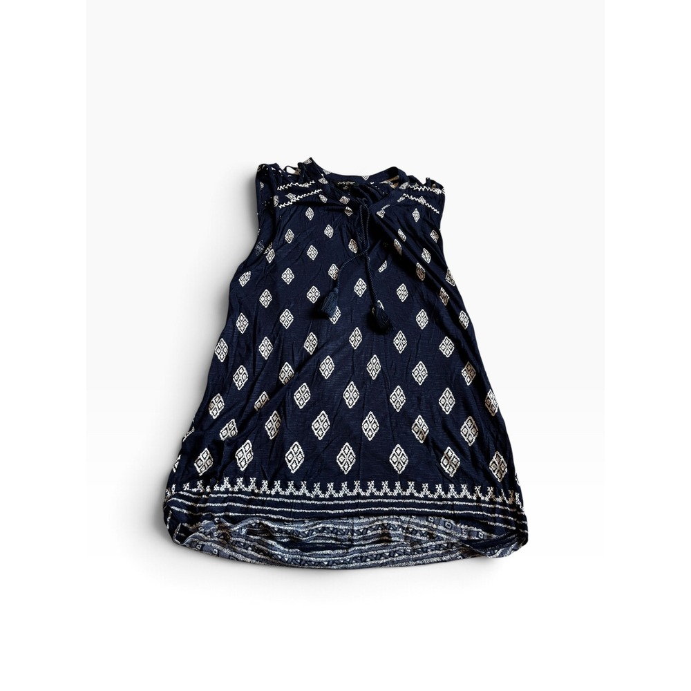 Lucky Brand Sleeveless Top Medium Navy Blue Embroidered Boho Tassel Tank